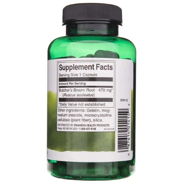 Rückansicht einer grünen Flasche. Etikett mit "Supplement Facts", "Butcher's Broom Root 470 mg" und Inhaltsstoffen.