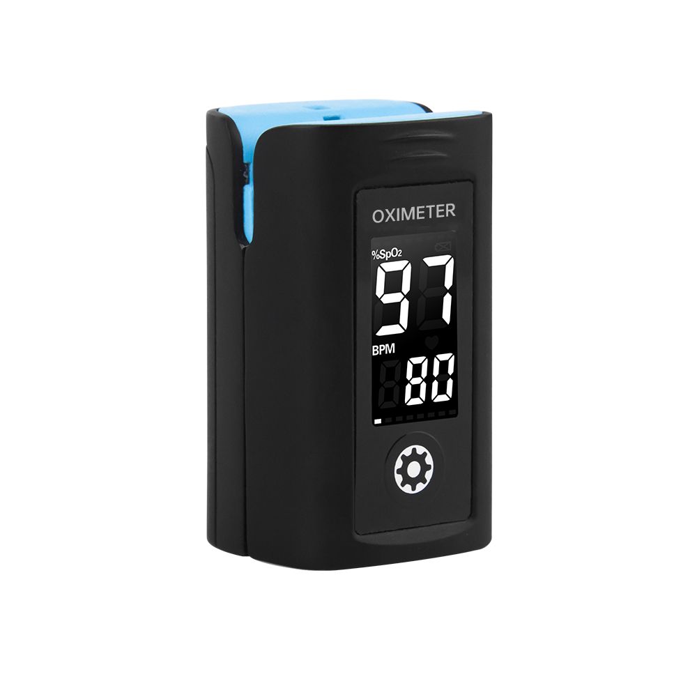 Schwarzes Pulsoximeter mit blauem Einsatz. Digitalanzeige mit %SpO2- und BPM-Werten. Oximeter-Schriftzug.