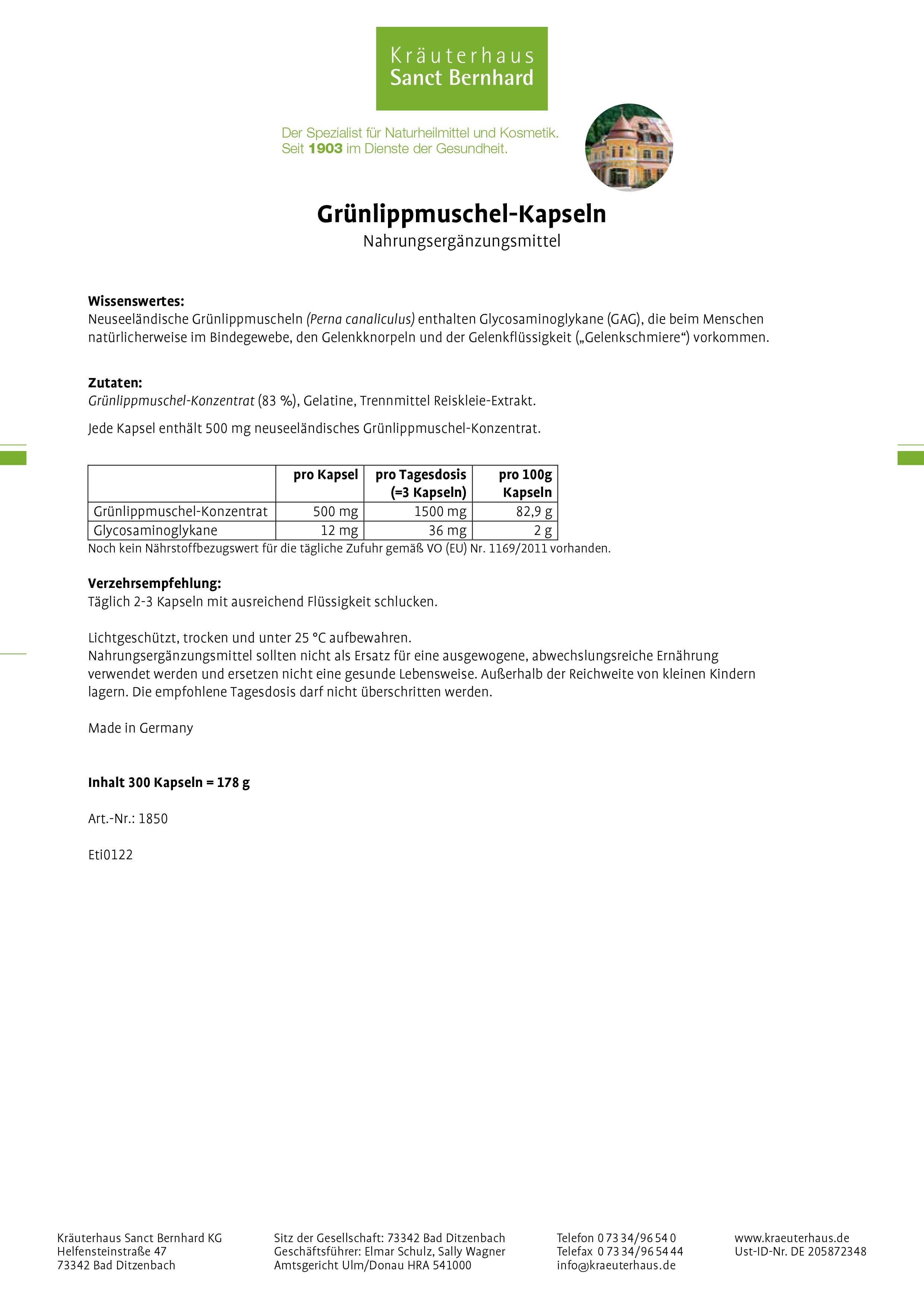 Weißes Blatt mit Text. Grünlippmuschel-Kapseln, Nahrungsergänzungsmittel. Zutaten, Nährwertangaben, Verzehrempfehlung, Hersteller.