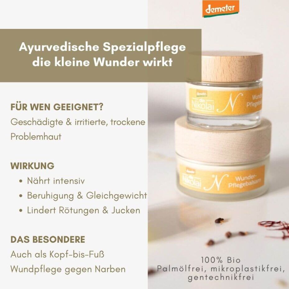 Zwei Gläser Wunder-Pflegebalsam mit Safran, Holzdeckel, gelbes Etikett, Text. Demeter-Logo. Text: Ayurvedische Spezialpflege.