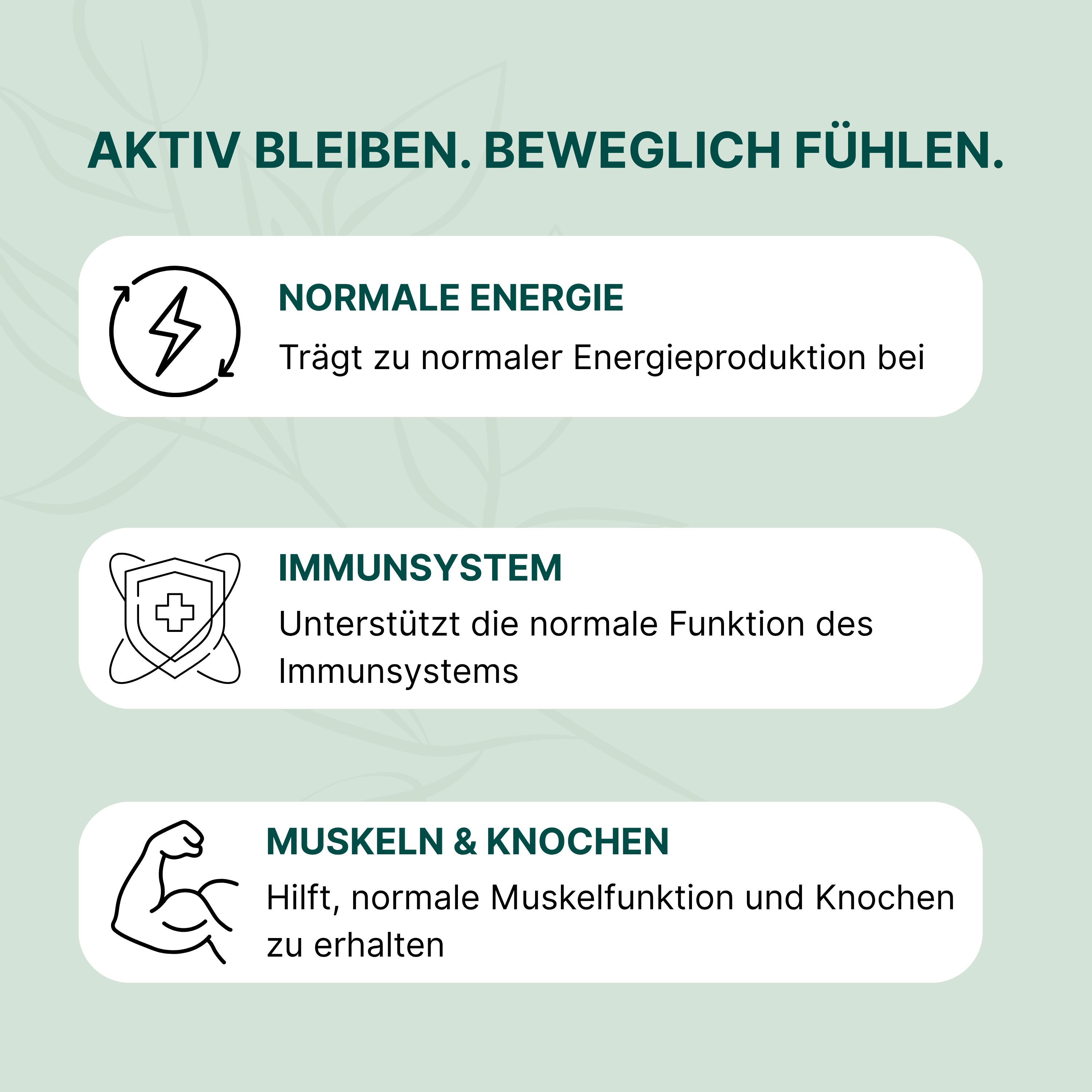 Infografik: Normale Energie, Immunsystem, Muskeln & Knochen. Texte: Energieproduktion, Immunsystem, Muskelfunktion.