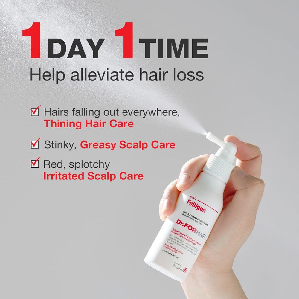 Folligen Scalp Tonic Flasche wird gehalten, Text hebt Vorteile hervor.