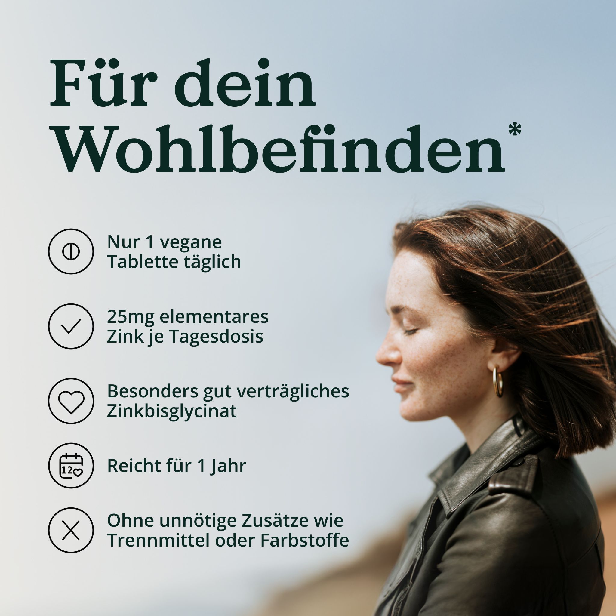 Frau mit geschlossenen Augen, neben Liste mit Vorteilen von Zink: vegane Tablette, 25mg, gut verträglich.