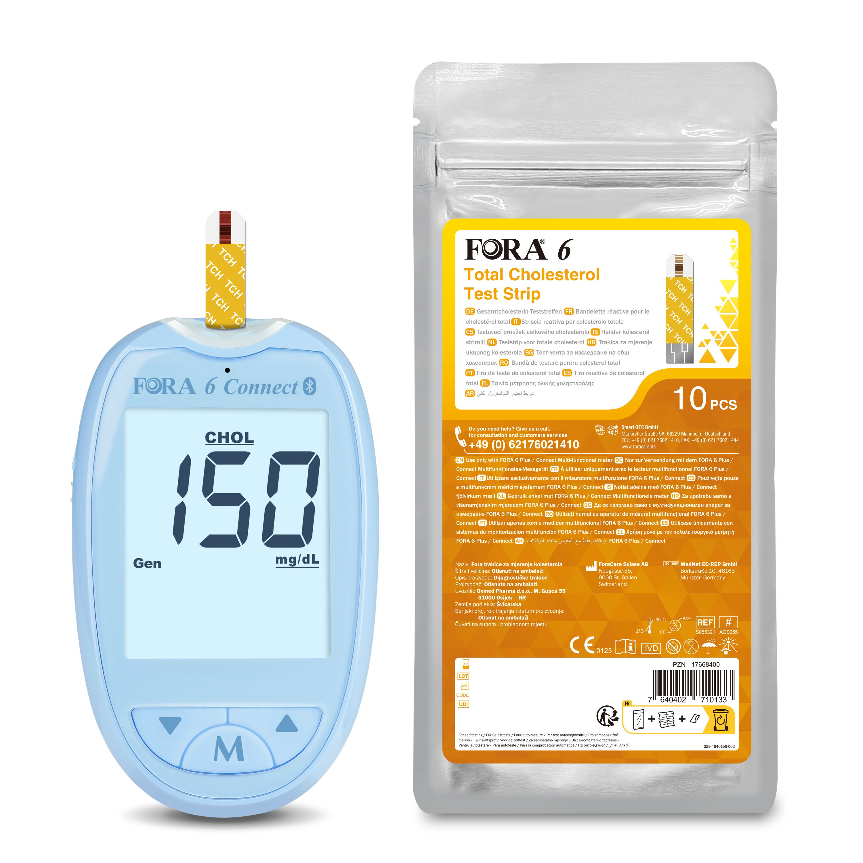 Blaues FORA 6 Connect-Messgerät mit Display und Teststreifen. Zeigt Cholesterinwert. Daneben Packung mit 10 Teststreifen.