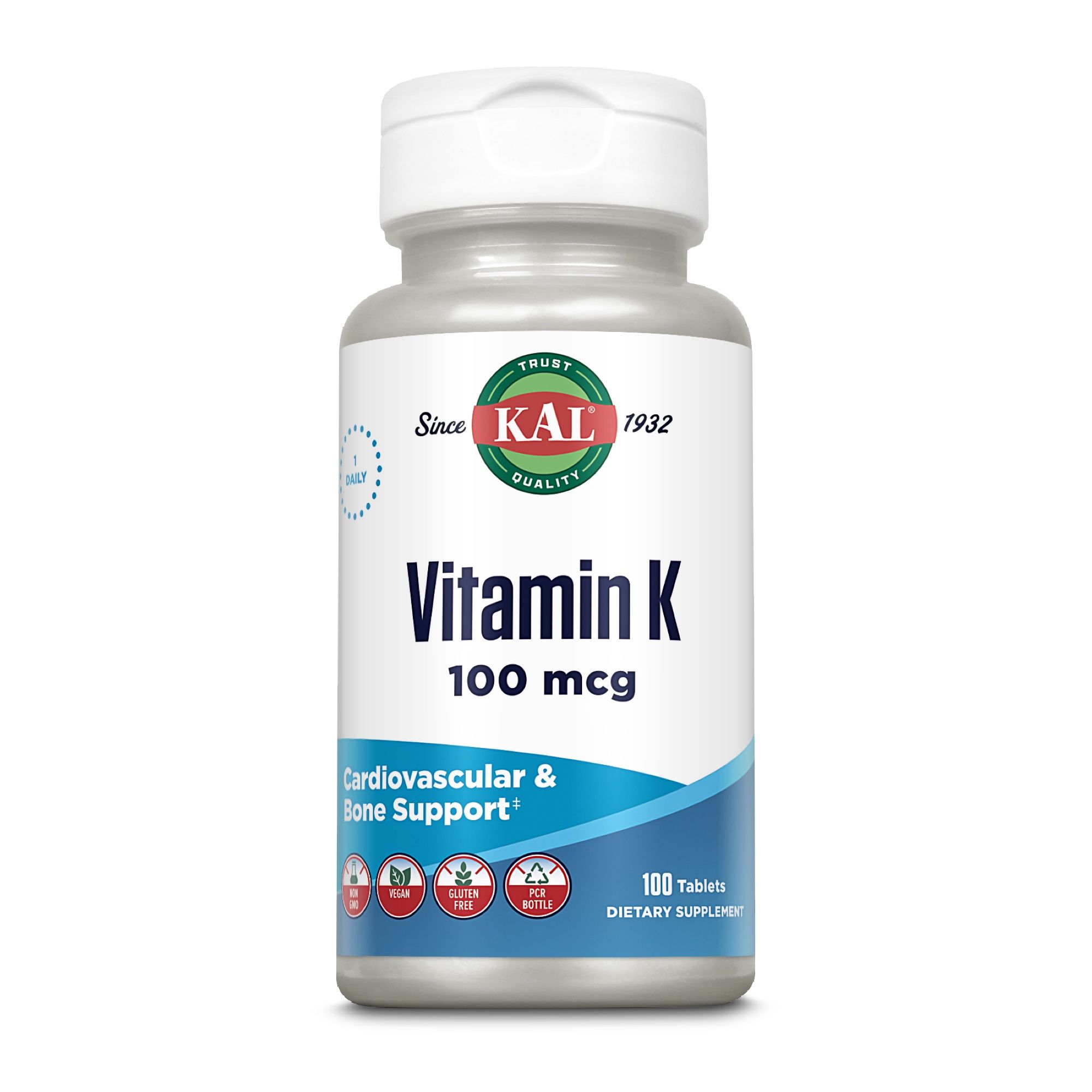 Vitamin K 100 mcg Flasche. Text: 100 Tabletten, Unterstützung für Herz-Kreislauf und Knochen. Vegan, glutenfrei, ohne Gentechnik.