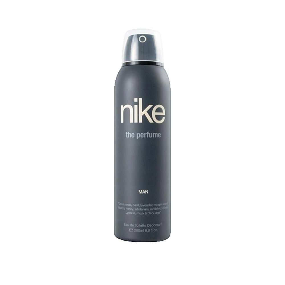 Dunkelgraue Deodorant-Spray-Flasche mit weißem Sprühkopf. Aufschrift: nike the perfume MAN. Inhalt: 200 ml.