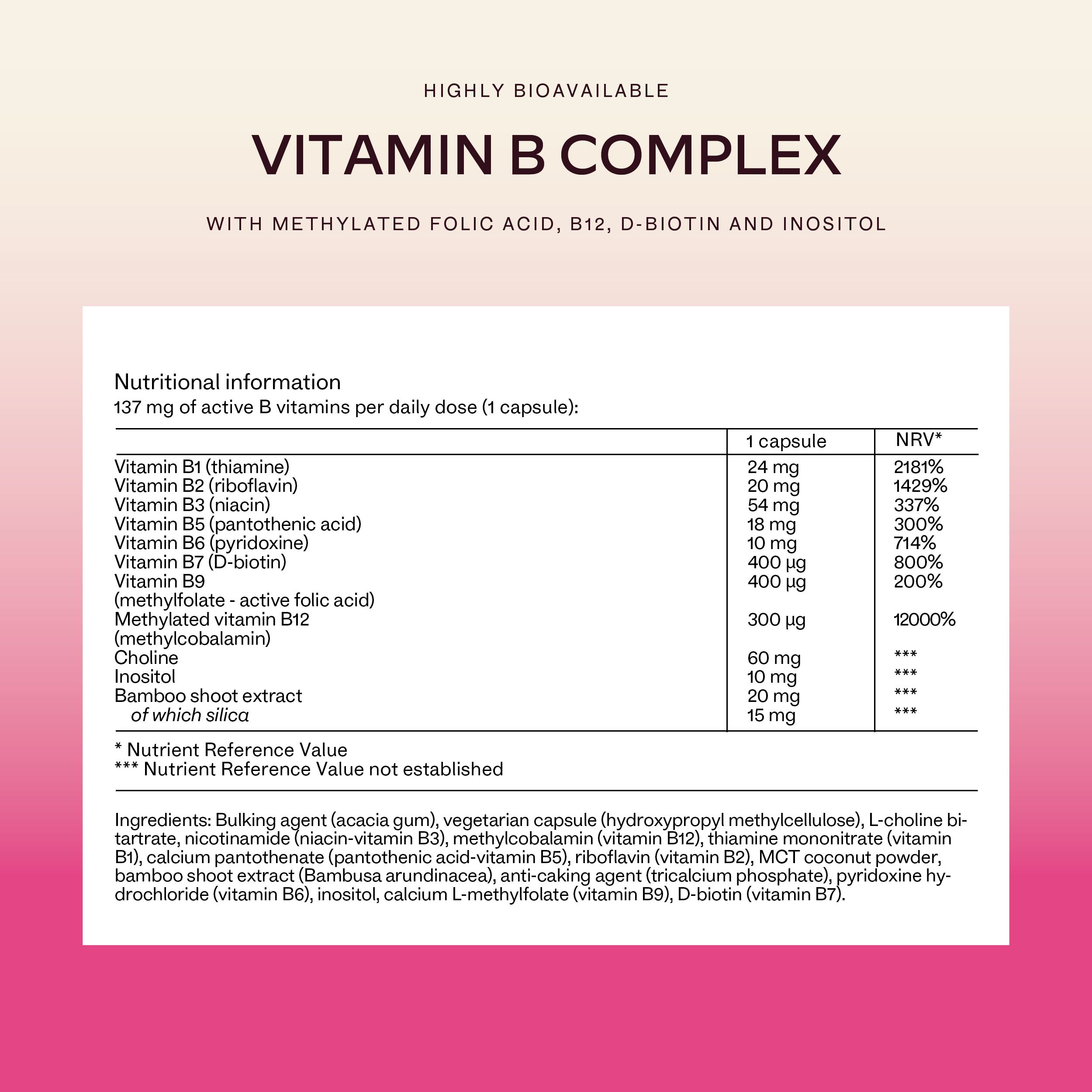 Text auf rosa Hintergrund: Vitamin B Complex. Nährwertangaben und Inhaltsstoffe.