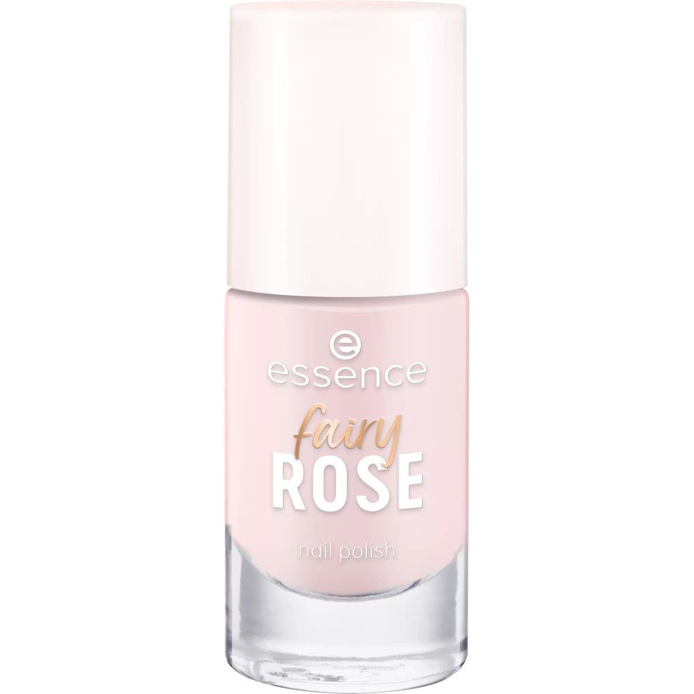 Essence Nagellack Fairy Rose, rosa Flasche mit weißem Deckel. Schriftzug in Gold und Weiß.