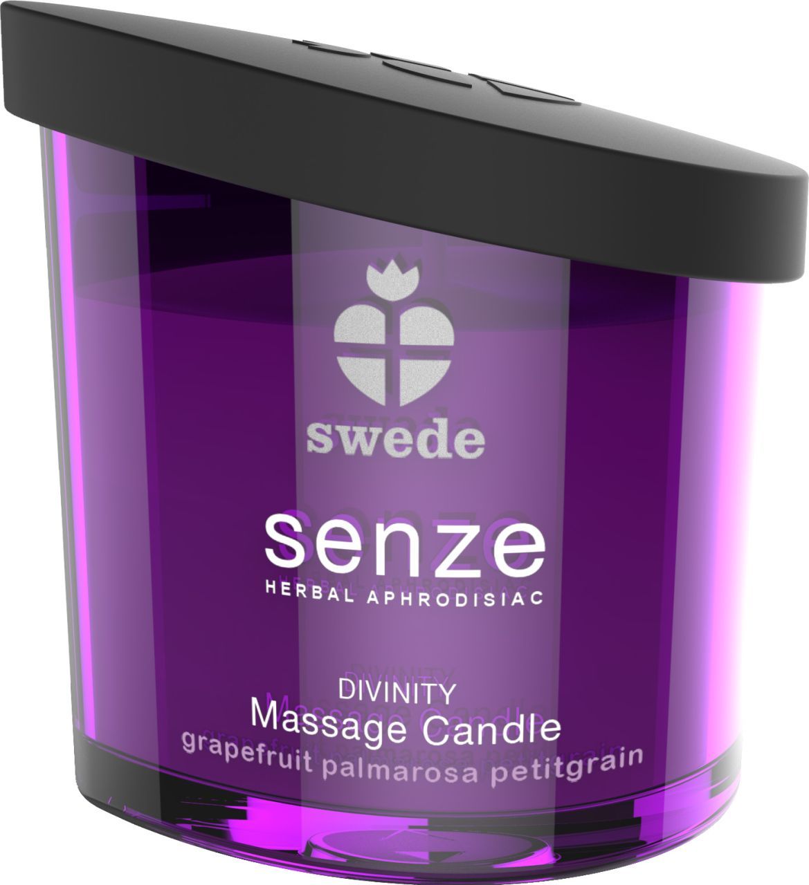 Violette Massagekerze mit schwarzem Deckel. Aufschrift: Swede Senze, Divinity, Grapefruit, Palmarosa, Petitgrain.