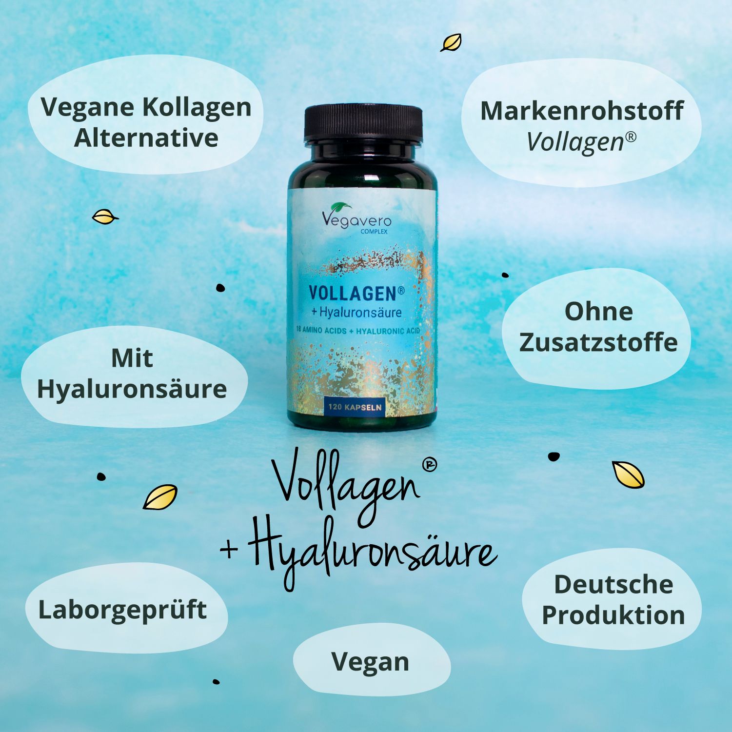Flasche mit Kapseln, umgeben von Text. Aufschrift: VOLLAGEN + Hyaluronsäure. Vegan, Laborgeprüft, Deutsche Produktion.
