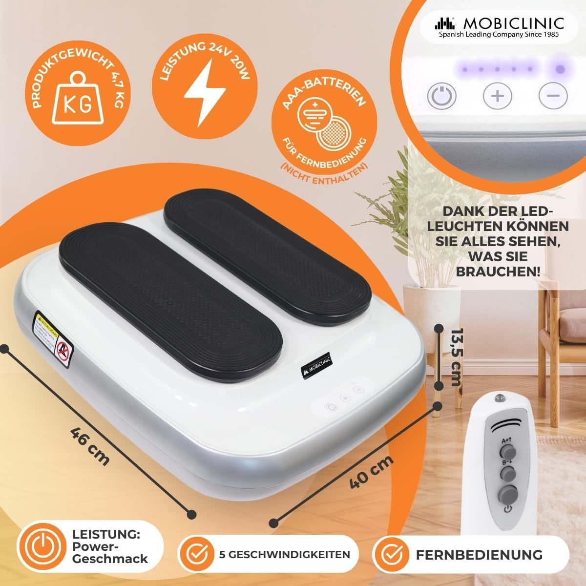 Vibrationsplatte mit zwei schwarzen Trittflächen, Fernbedienung und Maßangaben.