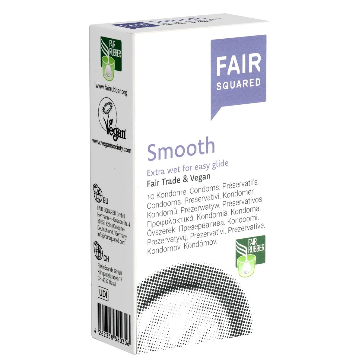 Packung Fair Squared Smooth Kondome, 10 Stück. Fair Trade & Vegan zertifiziert.