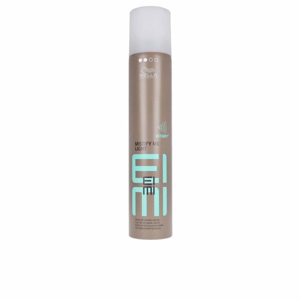 Haarspray-Dose, zylindrisch, mit weißem Deckel. Aufschrift: EIMI, MISTIFY ME LIGHT, Level 2. Marke: Wella.
