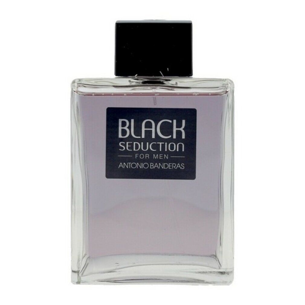 Flakon mit schwarzem Verschluss. Aufkleber mit "BLACK SEDUCTION FOR MEN" und "ANTONIO BANDERAS".
