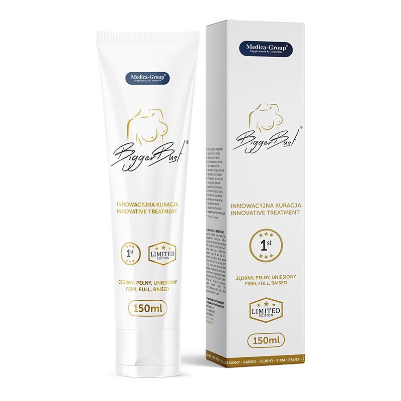 Medica Group Brust-Serum: Weiße Tube und Kartonverpackung mit Brust-Symbol und "Bigger Bust" Schriftzug. 150ml.