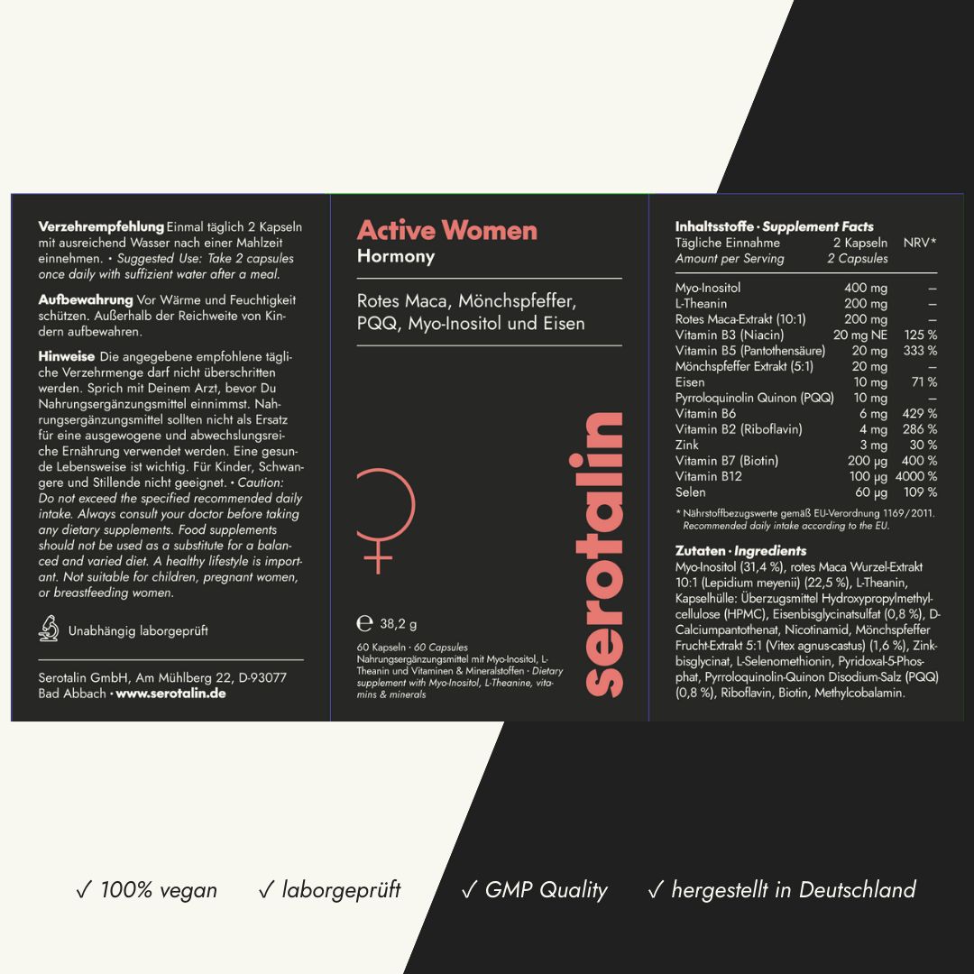Rückseite einer Serotalin Active Women Hormony Dose mit Inhaltsstoffen und Anwendungshinweisen.