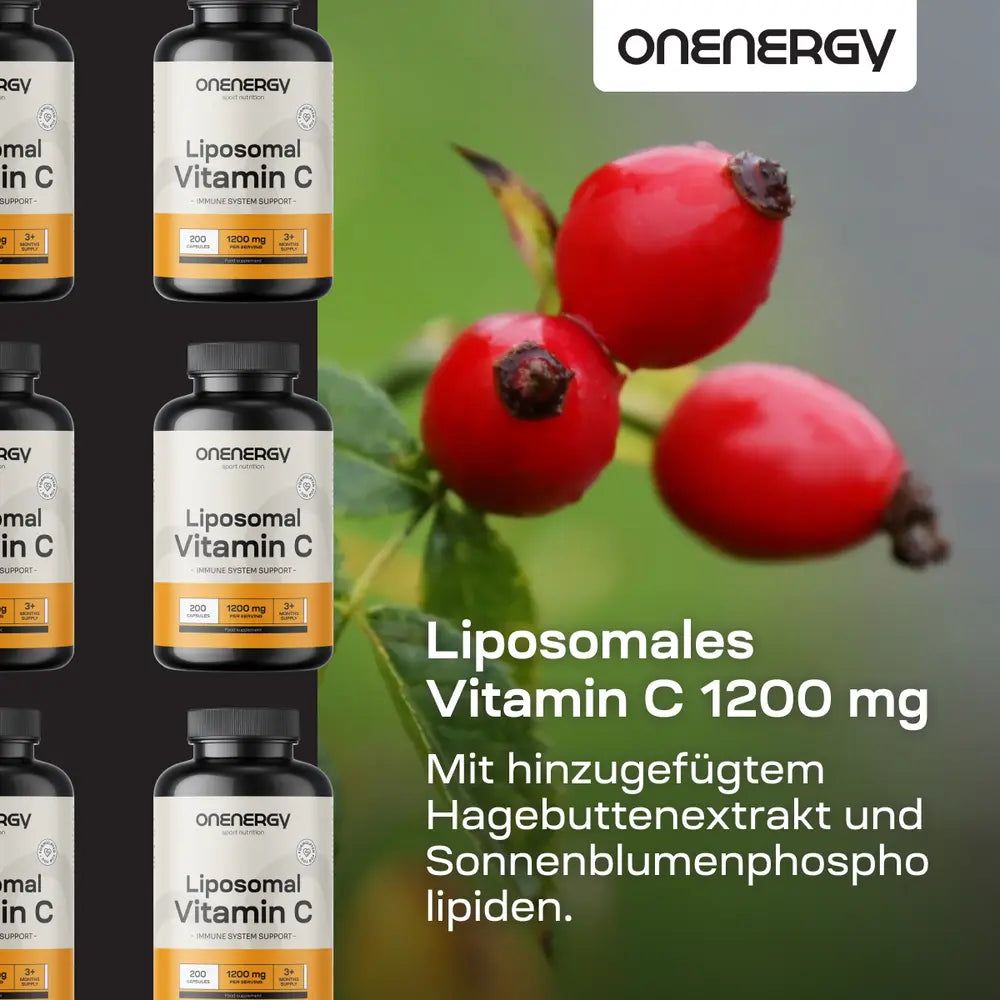 Mehrere Flaschen ONENERGY Liposomal Vitamin C 1200 mg neben Hagebutten.