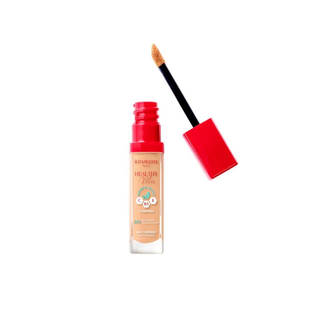Bourjois Healthy Mix Concealer. Flasche und Applikator. Roter Deckel. Aufschrift: Healthy Mix, Vitamines. Farbton: 51-Light Vanilla.