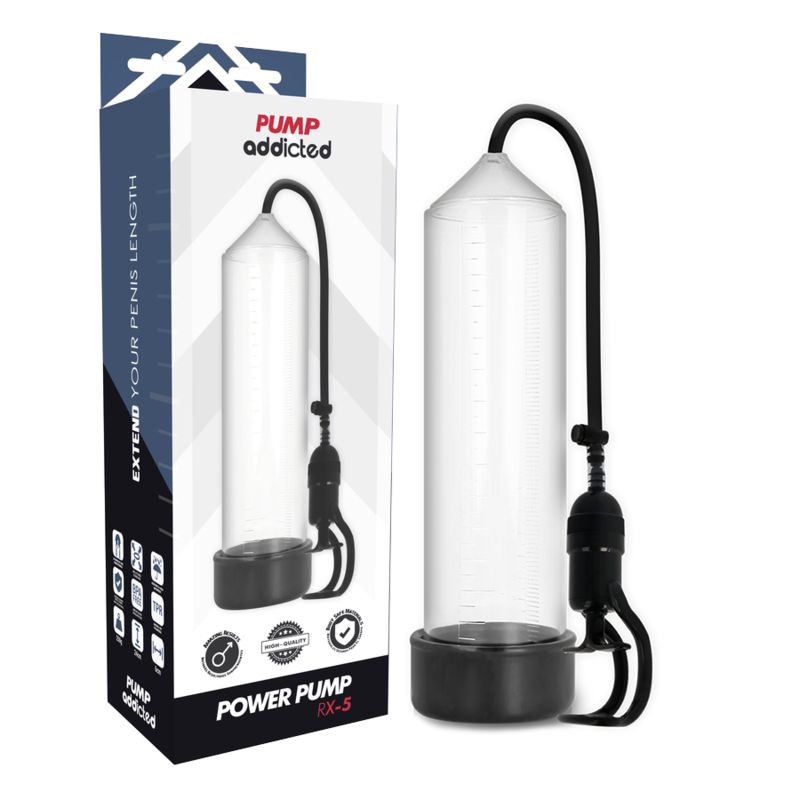 Transparente Pumpe mit schwarzem Sockel und Schlauch. Verpackung mit Produktname und Logo. Text: POWER PUMP RX-5.