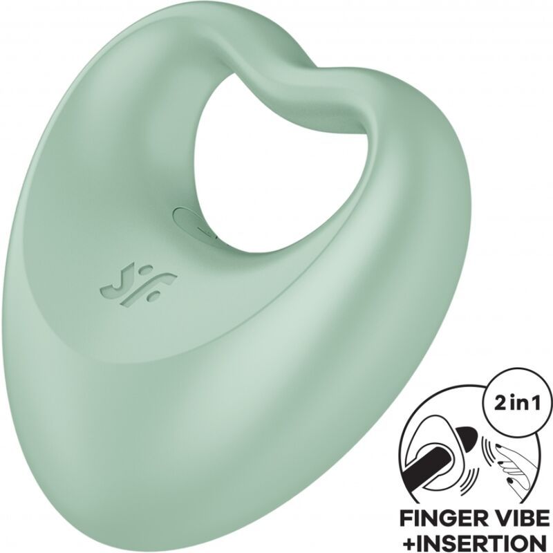 Mintfarbener Penisring mit Fingervibrator. Herzförmig mit Öffnung. Logo und 2in1-Funktion.