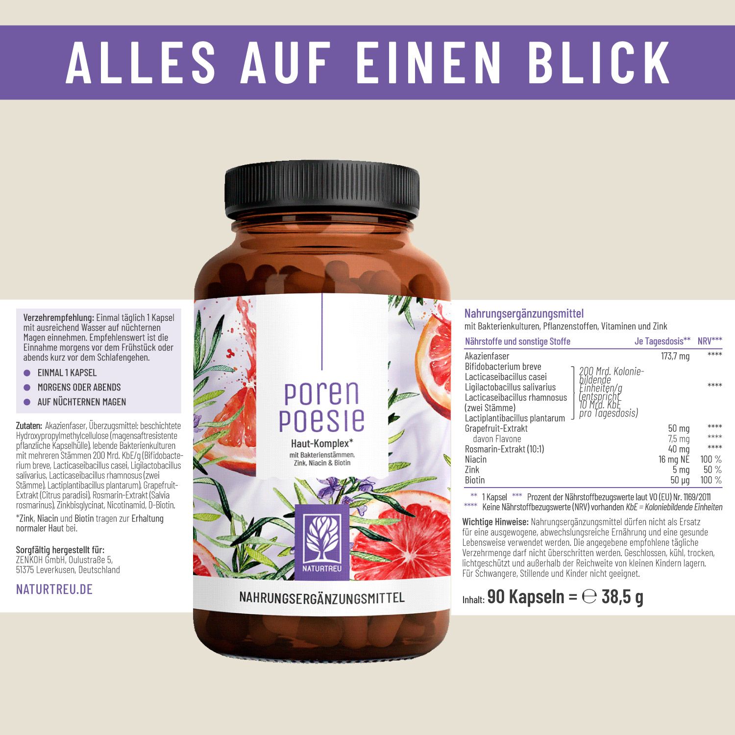 Porenpoesie Haut-Komplex Flasche mit Nährwertangaben und Zutatenliste auf Deutsch.