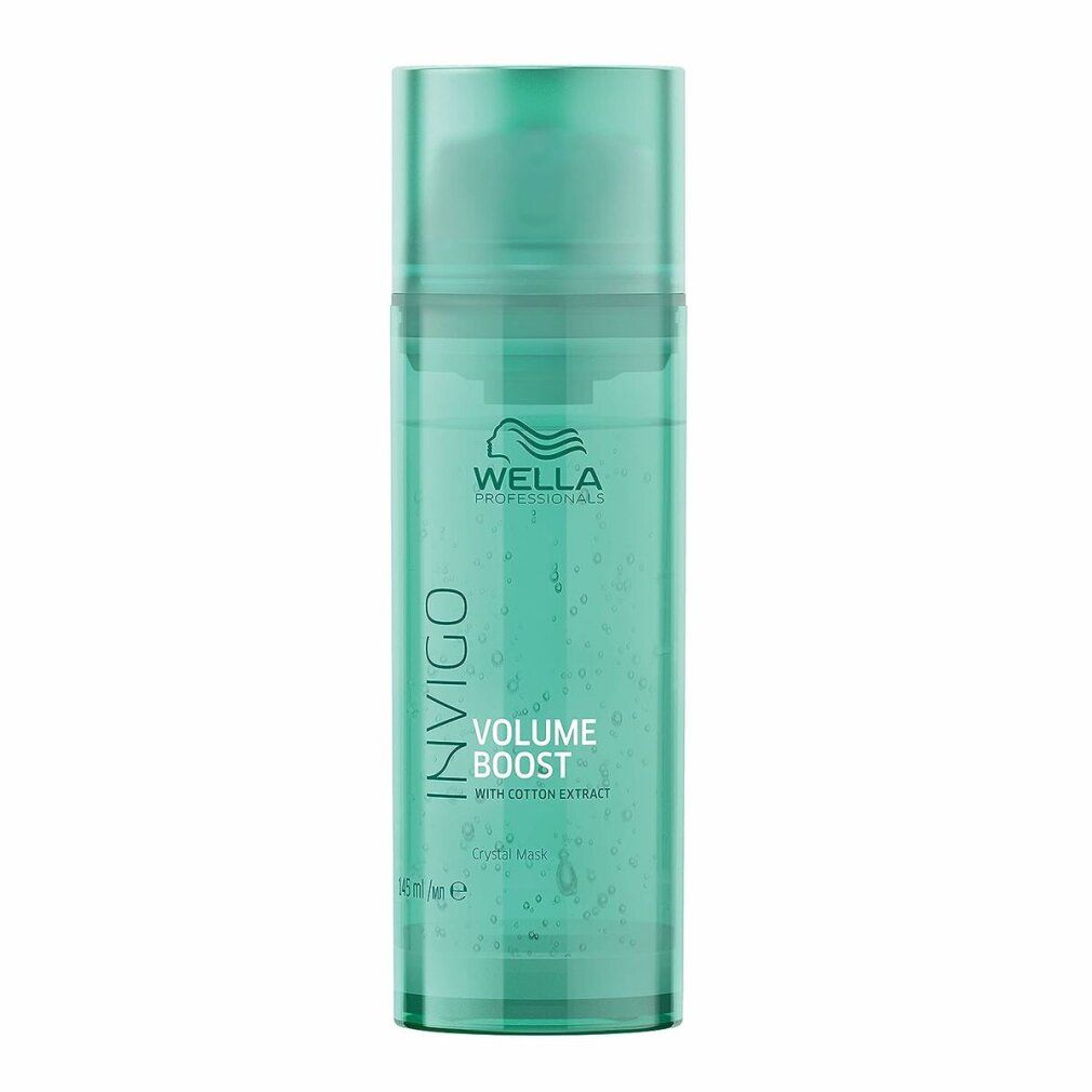 Grüne Flasche mit Wella Invigo Volume Boost Crystal Mask. Text: Invigo, Volume Boost, mit Baumwollextrakt.