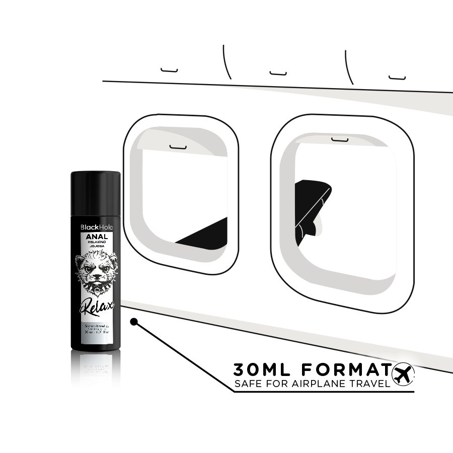 Eine Flasche neben einem Flugzeugfenster. Aufschrift: Black Hole, ANAL, Relaxing Jojoba. 30 ml Format. Sicher für Flugreisen.