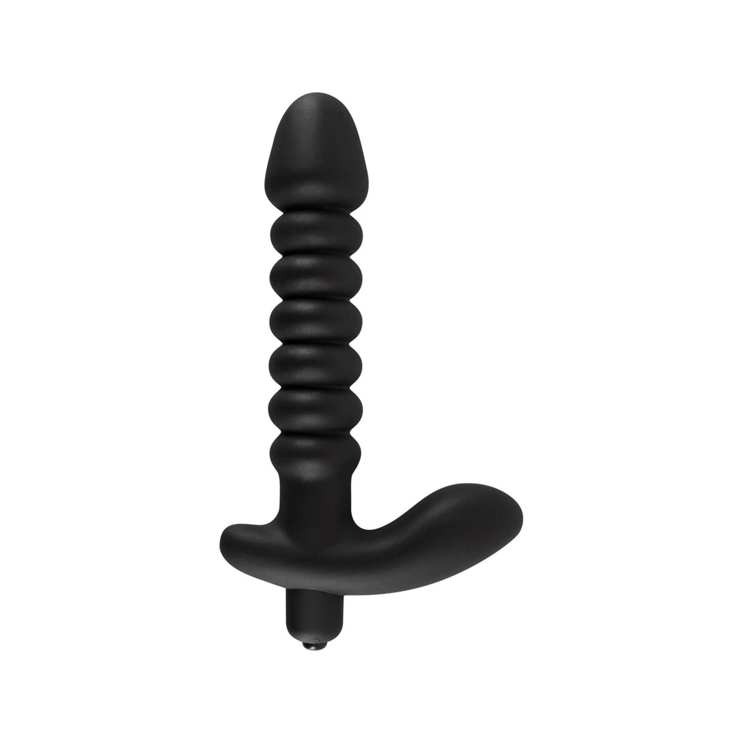 Schwarzer Vibrator mit Reizanker. Zylindrischer Schaft mit Rillen, gebogener Basis.