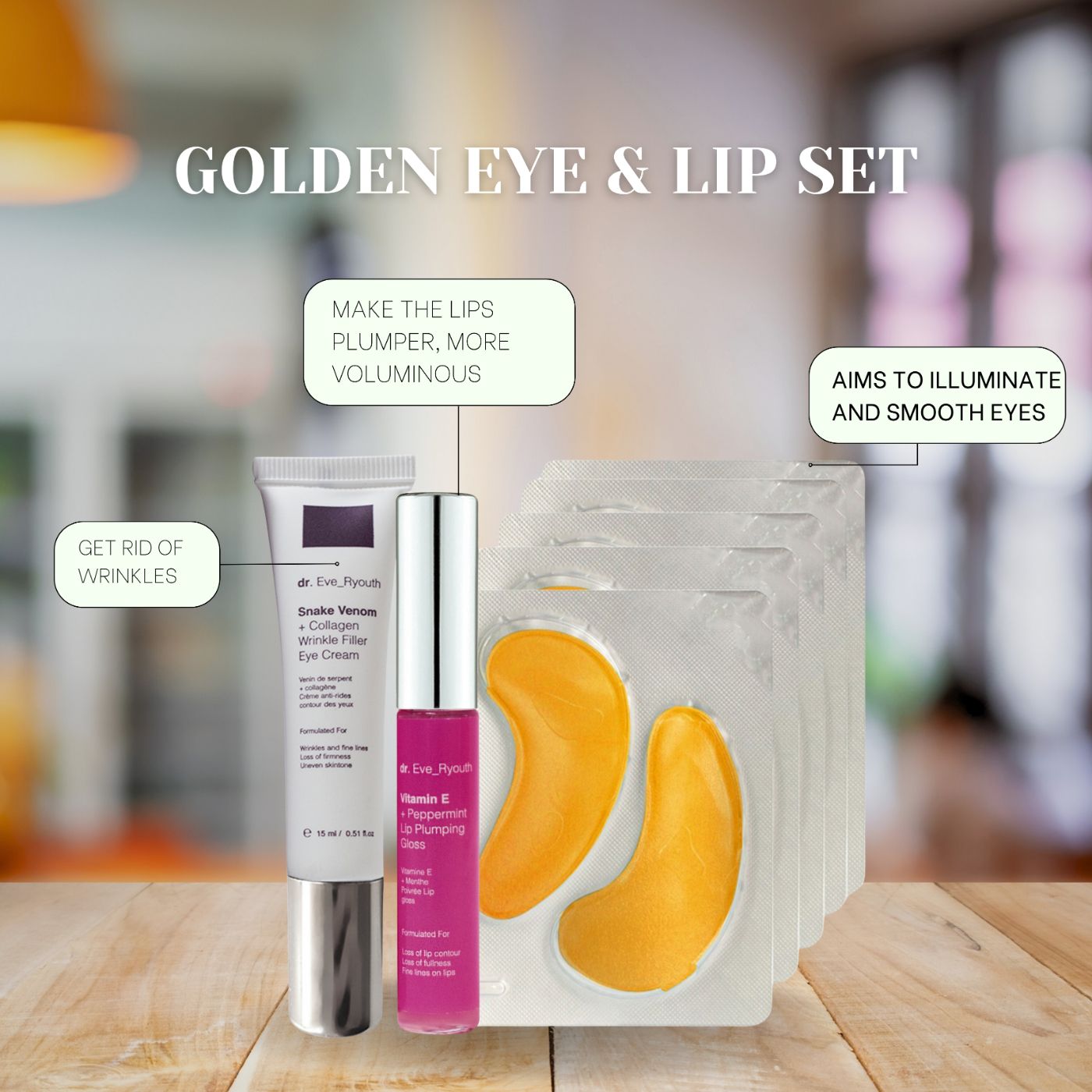 Set mit Augencreme, Lipgloss und Augenpads. Text: Golden Eye & Lip Set. Pfeile zeigen auf Produkte.