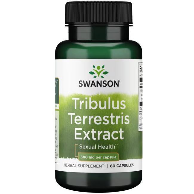 Grüne Flasche mit schwarzem Deckel. Aufschrift: SWANSON Tribulus Terrestris Extrakt, 500 mg pro Kapsel. 60 Kapseln.