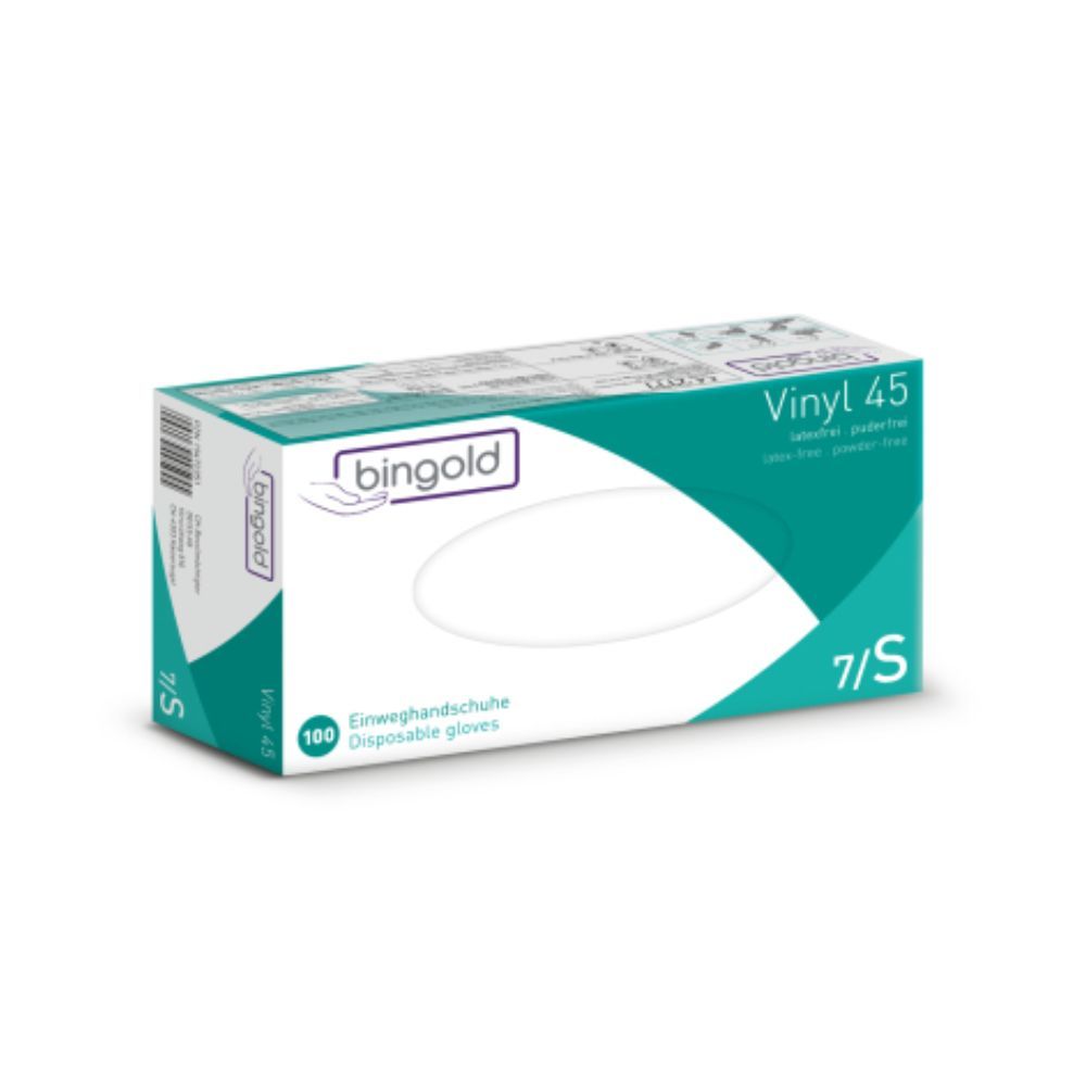 Karton mit Einweghandschuhen. Aufschrift "bingold Vinyl 45". Größe 7/S. 100 Stück. Weiß, Türkis und Lila.