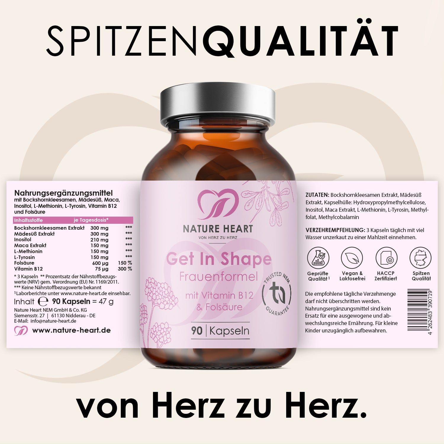 Braune Glasflasche mit Etikett. Text: Get In Shape Frauenformel mit Vitamin B12 & Folsäure. 90 Kapseln. Zusätzliche Informationen und Inhaltsstoffe.