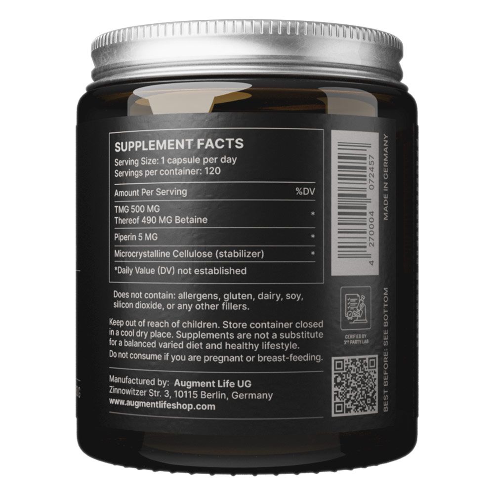 Supplement-Fakten-Etikett auf brauner Glasflasche mit silbernem Deckel. Enthält Nährwertangaben, Inhaltsstoffe und Herstellerinformationen.