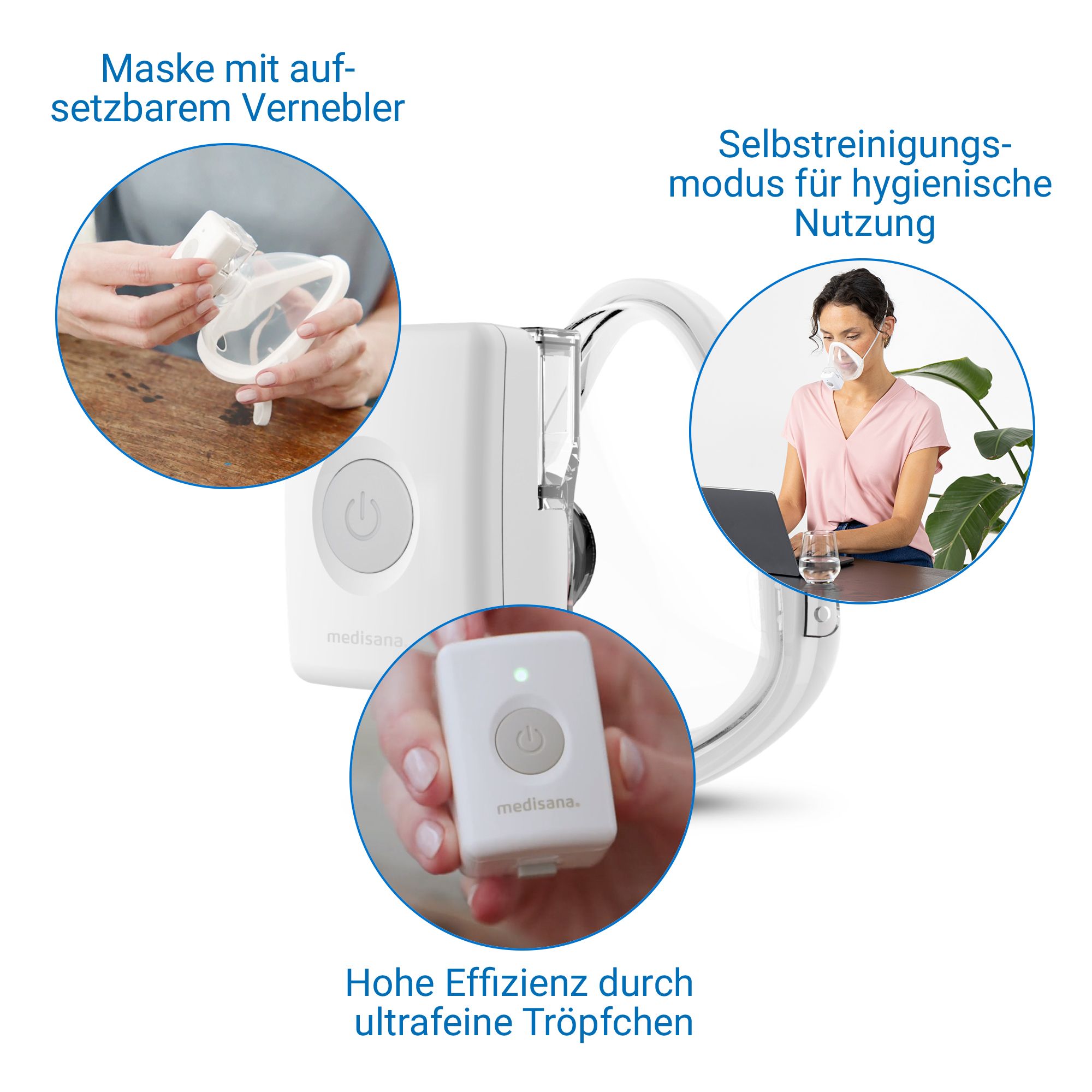 Medisana IN 700 Inhalator: Maske mit aufsetzbarem Vernebler, Selbst-Reinigungsmodus, hohe Effizienz.