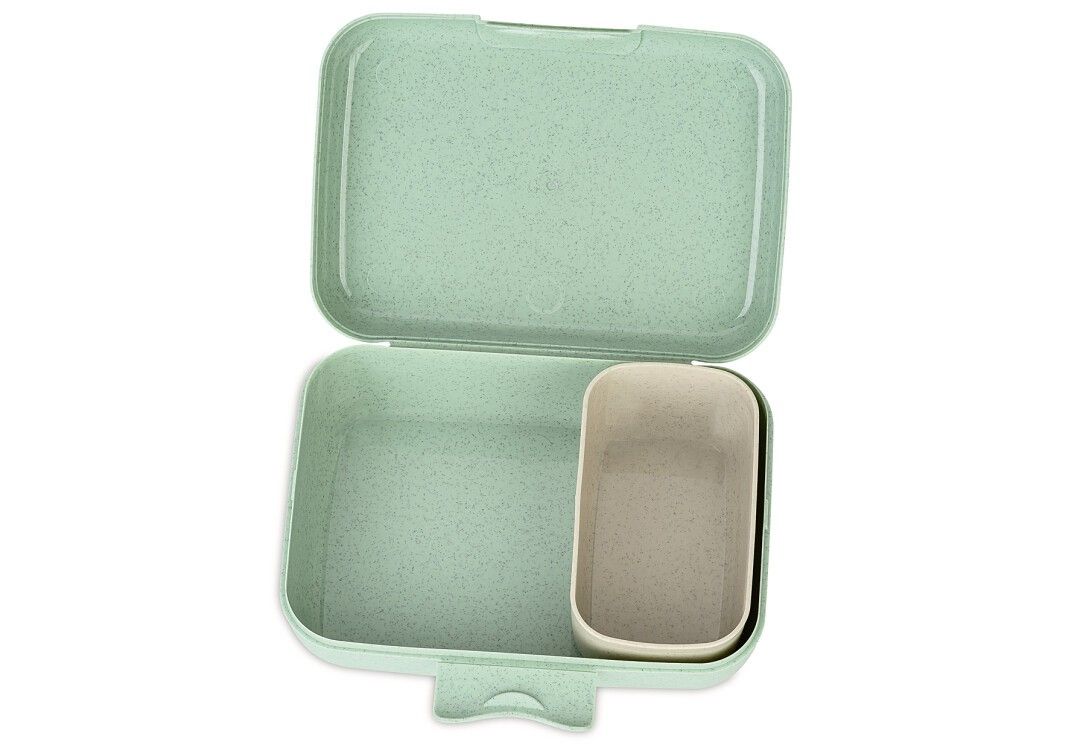 Grüne Lunchbox, geöffnet. Rechteckige Form mit separatem Behälter. Kunststoff. Innen beige.