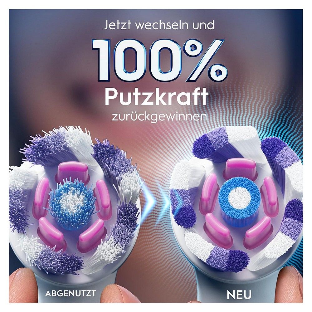 Vergleich von neuem und abgenutztem Oral-B iO Bürstenkopf.