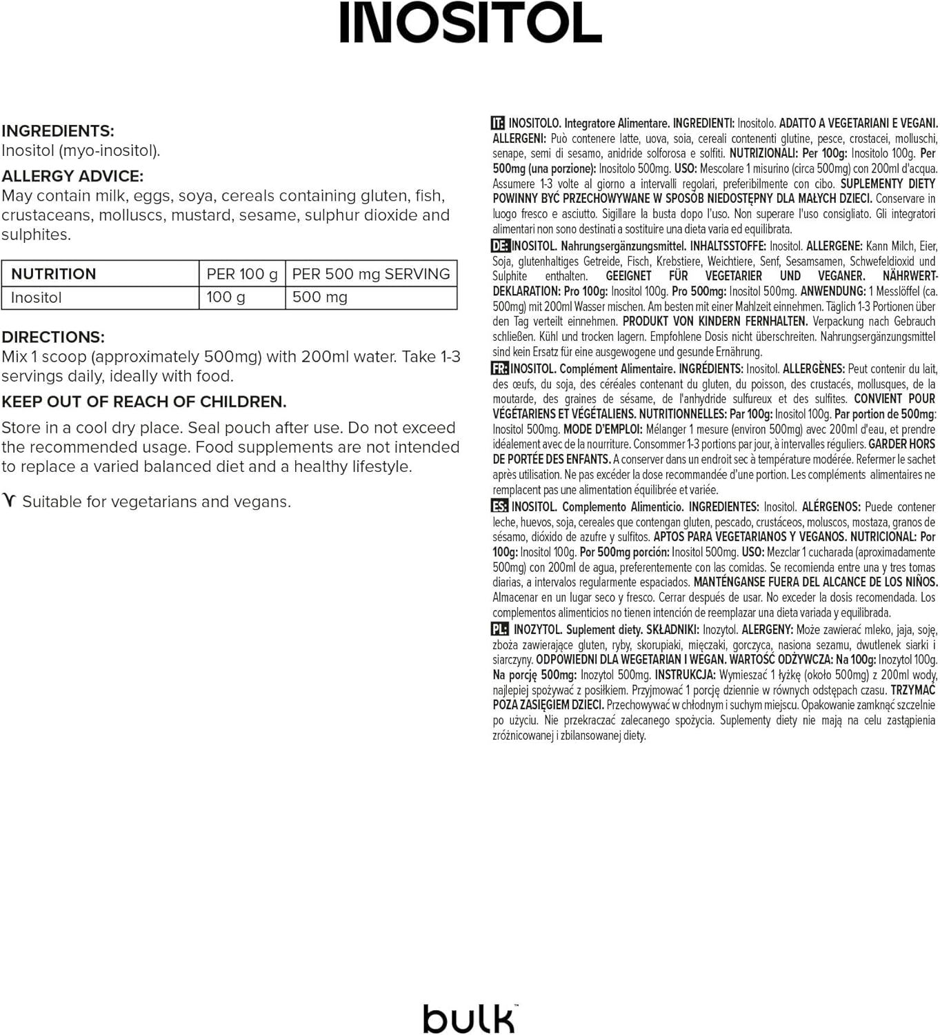 Textseite mit Inhaltsstoffen und Nährwertangaben für Inositol. Enthält Informationen zu Allergenen und Anweisungen zur Verwendung.
