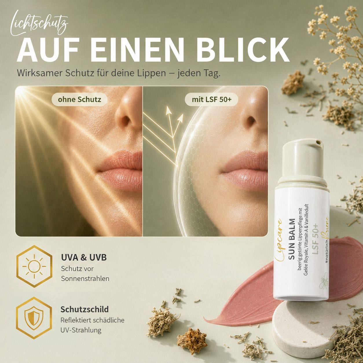 Lippenpflegebalsam mit LSF 50+, Gelée Royale, Vitamin A & Vanilleduft. Weiße Tube mit goldfarbenem Deckel. Rosa Produkt auf rosa Untergrund.