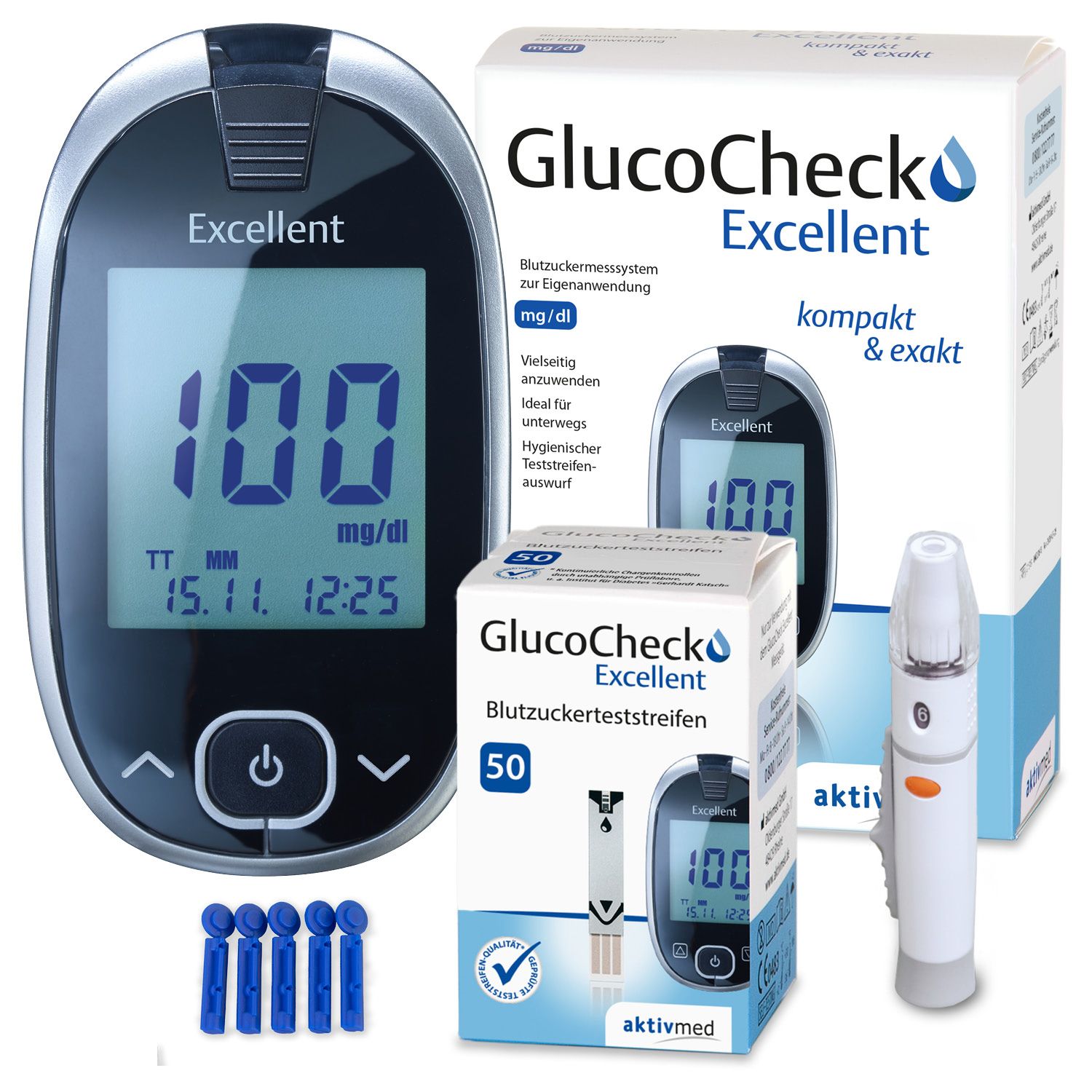 GlucoCheck Excellent Mess-Set - mg/dl zur Blutzuckerkontrolle mit 60 Streifen