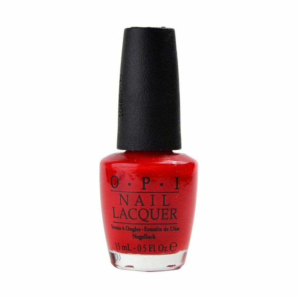Rote Nagellackflasche mit schwarzem Deckel. OPI Nail Lacquer Schriftzug. Volumenangabe: 15 ml - 0.5 Fl Oz.