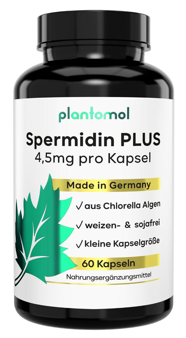 Schwarze Flasche mit Kapseln. Aufschrift: plantomol Spermidin PLUS, 4,5mg pro Kapsel, 60 Kapseln. Hergestellt in Deutschland.