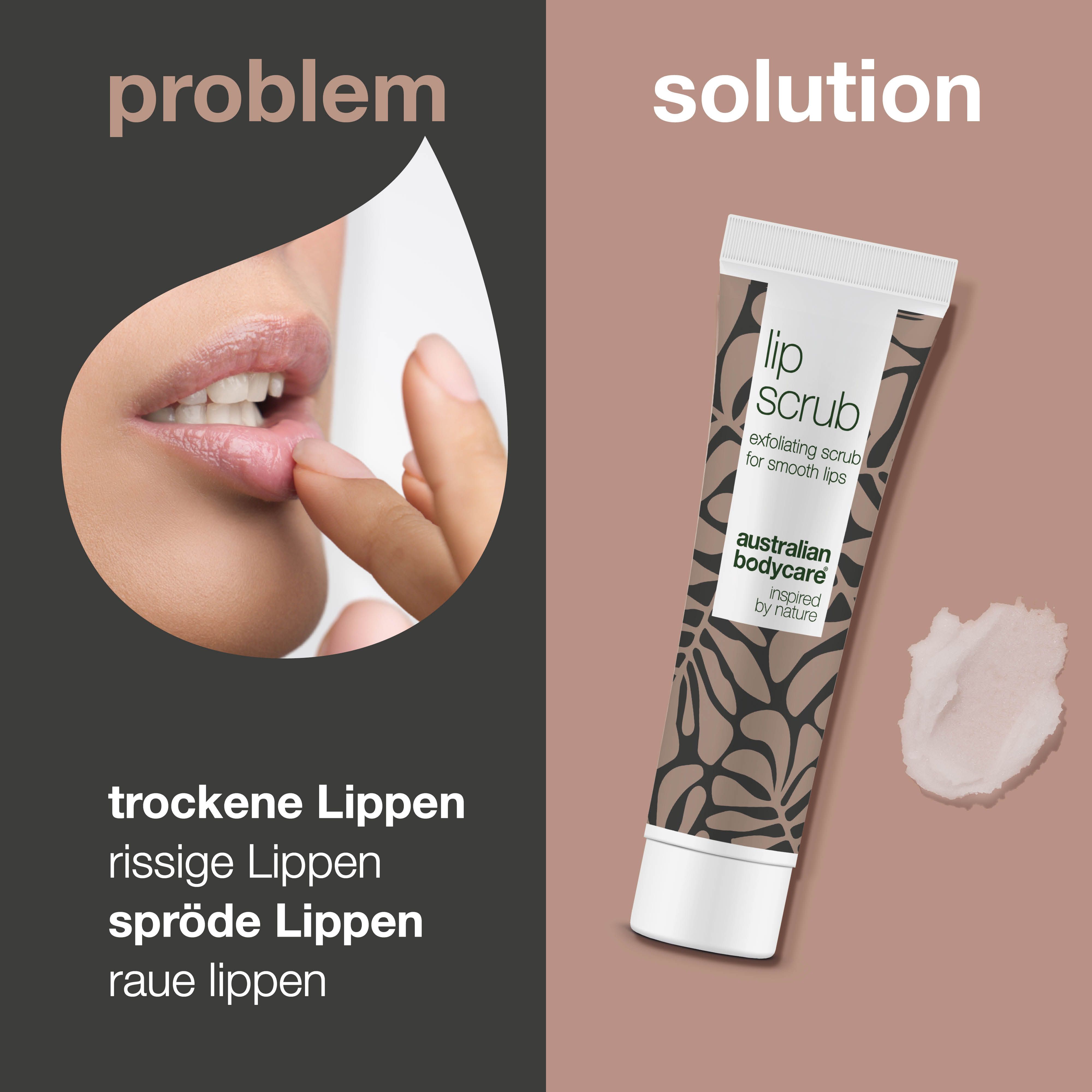 Lippenpeeling-Tube und Lippen. Text: Lip Scrub, Australian Bodycare. Problem: trockene, rissige, spröde, raue Lippen.