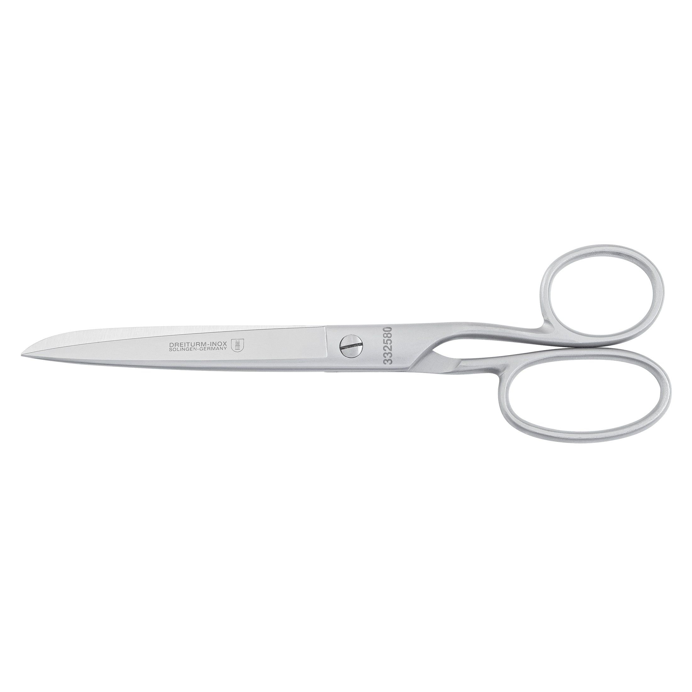 Silberne Schere mit abgerundeten Griffen. Schriftzug und Logo auf der Klinge. Original Solingen.