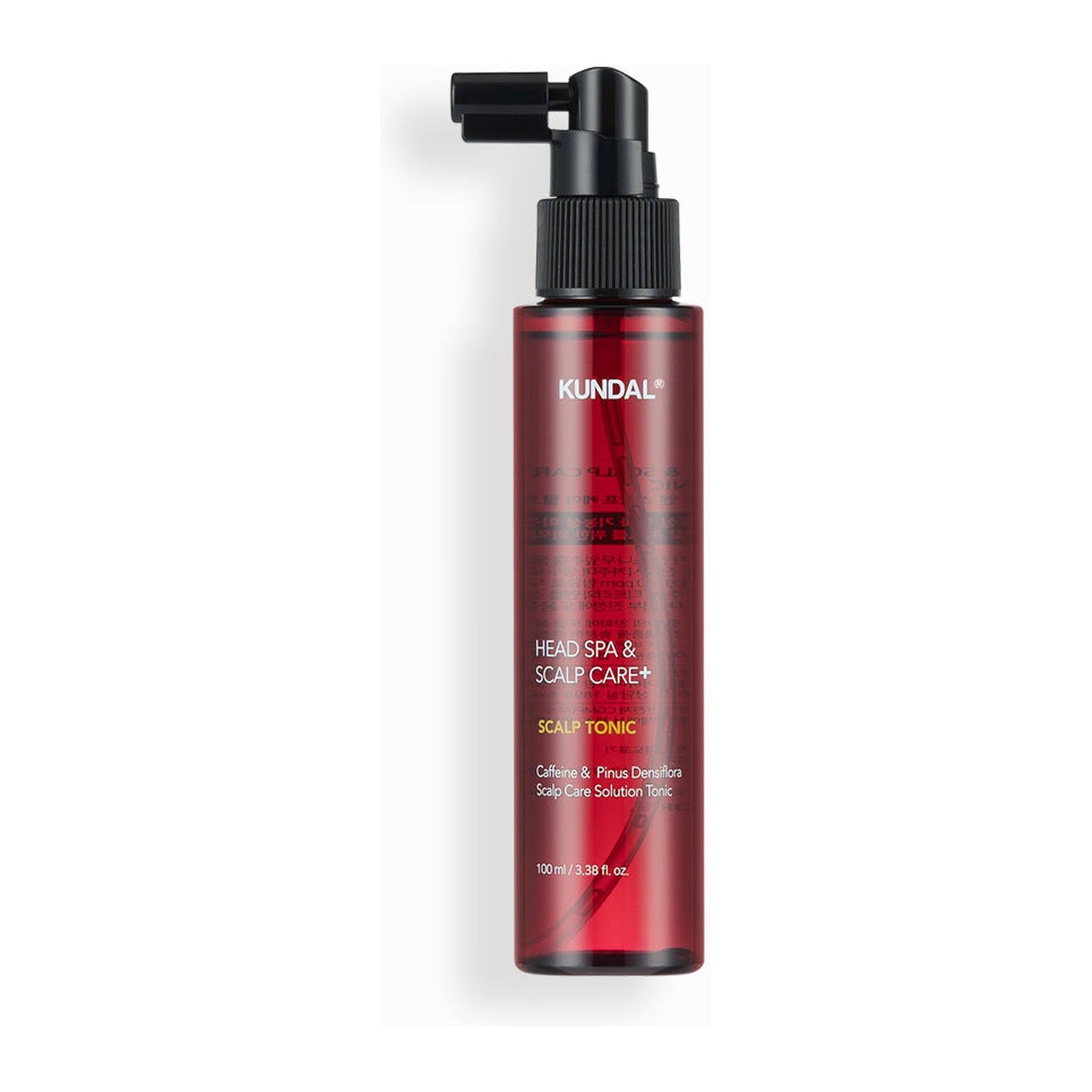 Rote Flasche KUNDAL Head Spa Scalp Tonic mit Applikator.
