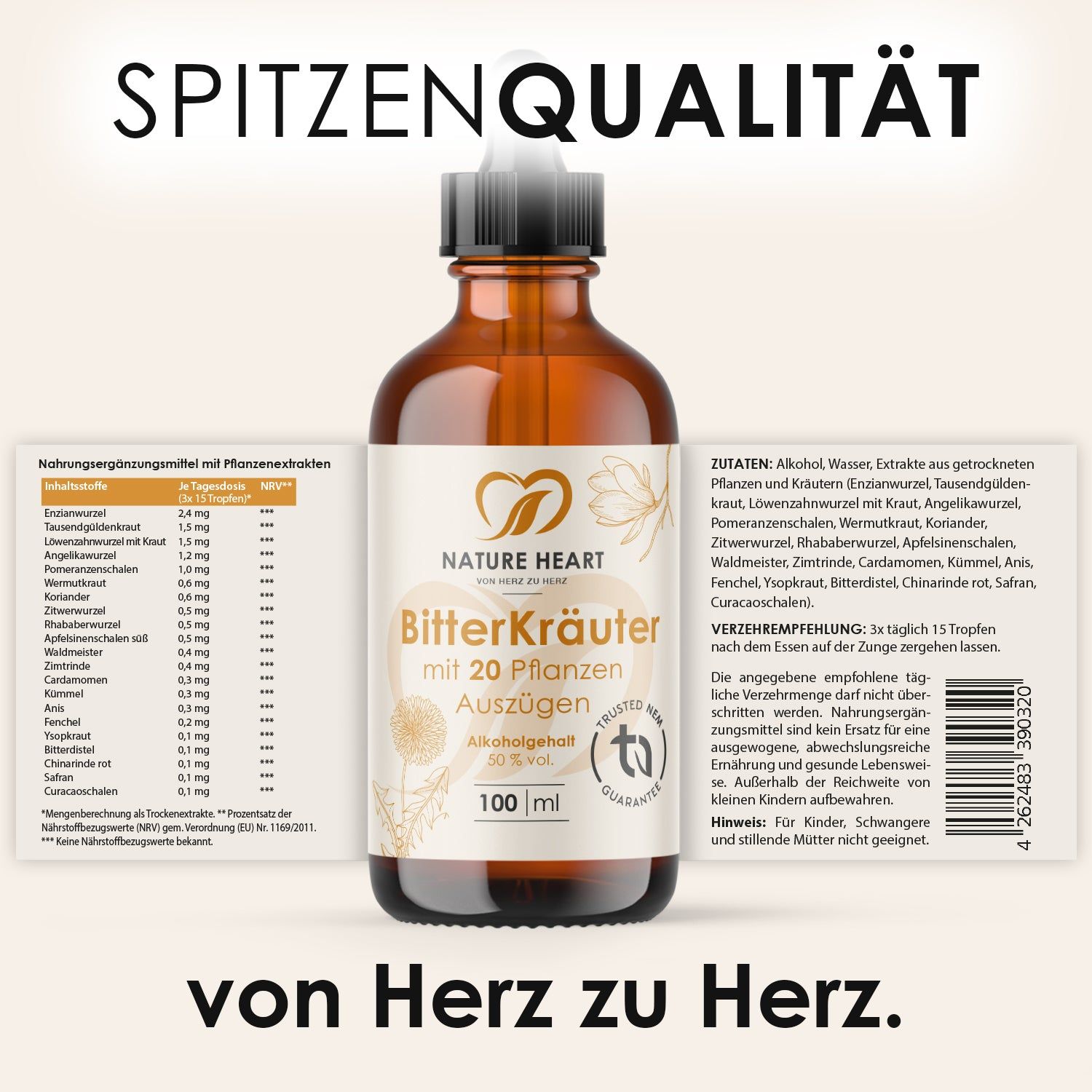 Braune Glasflasche mit Tropfer, Etikett mit Produktnamen und Inhaltsangaben. Text: Spitzqualität. Zutatenliste und QR-Code.