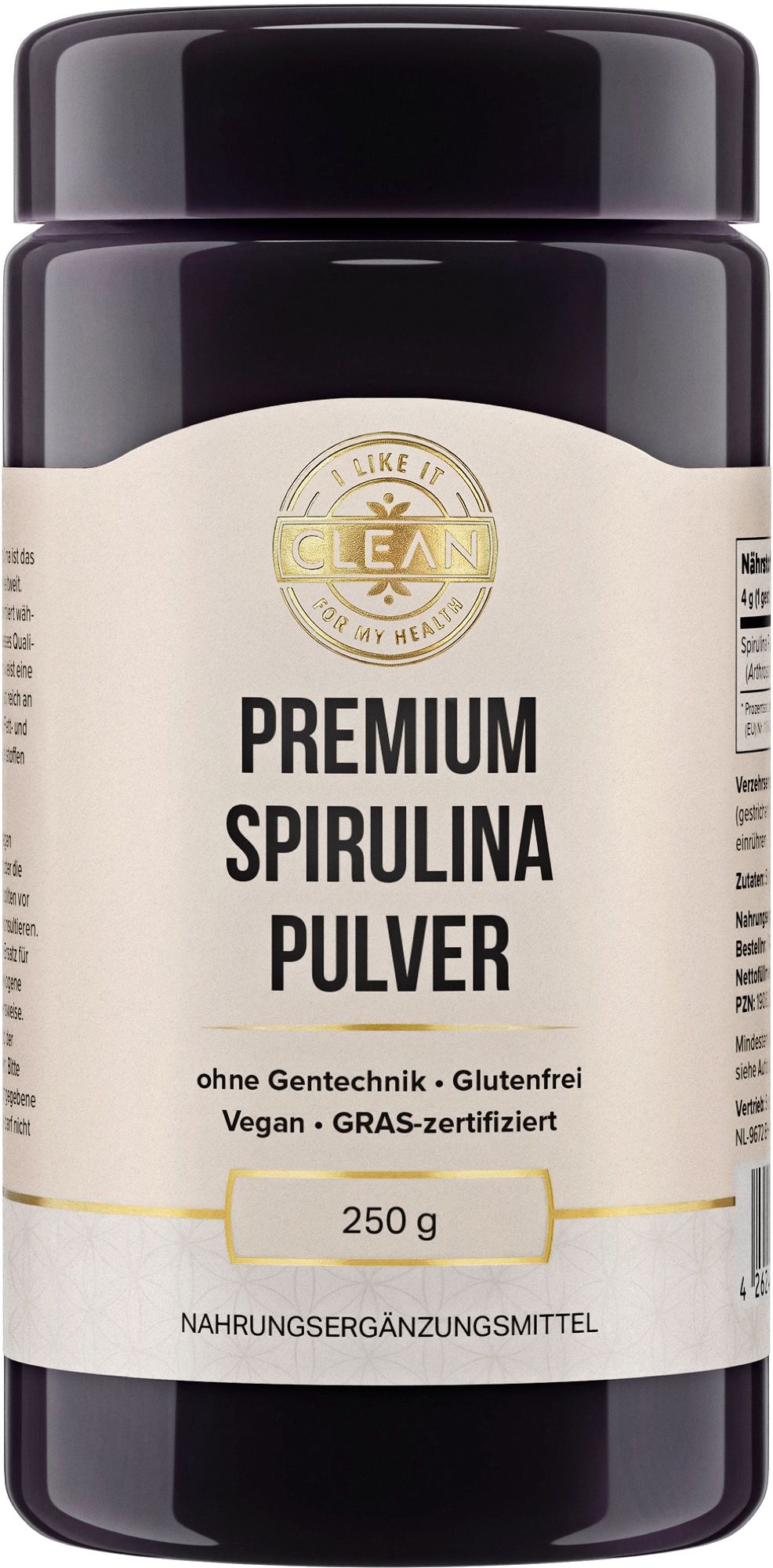 Dunkler Behälter mit Spirulina Pulver, 250g. Etikett mit "Premium Spirulina Pulver" und "ohne Gentechnik, Glutenfrei, Vegan, GRAS-zertifiziert".