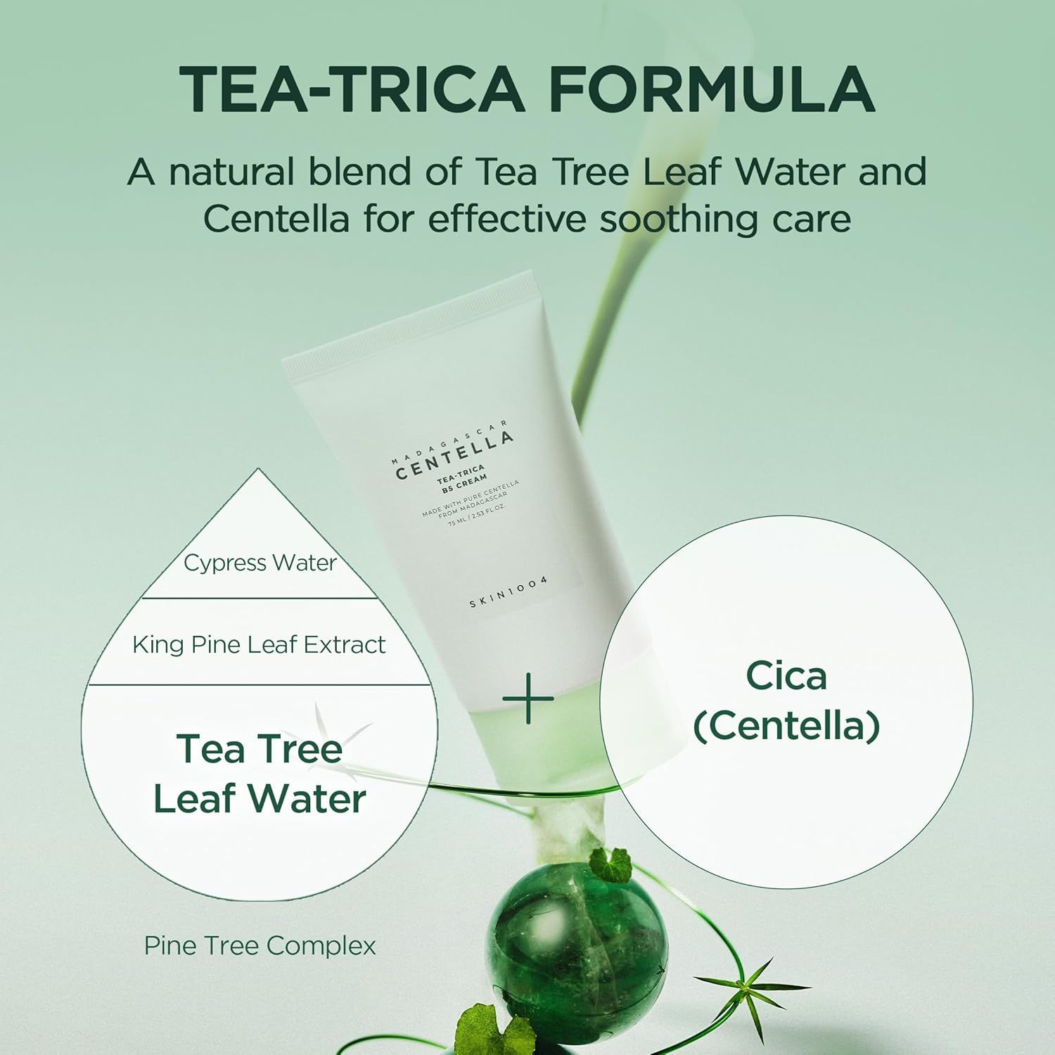 Creme-Tube mit grüner Kappe. Text: Tea-Trica B5 Cream, SKIN1004. Mit Inhaltsstoffen. Cica.