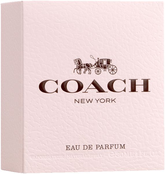 Parfümflakon mit goldfarbenem Verschluss und Anhänger. Coach-Logo und Kutschen-Motiv auf dem Glas.