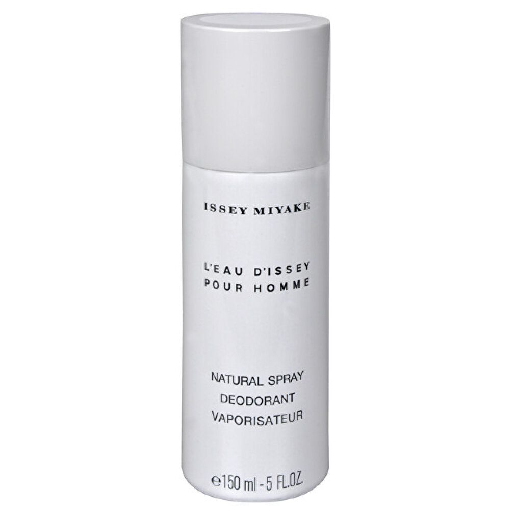 Weißer Deospray von Issey Miyake. Text: L'Eau d'Issey Pour Homme, Natural Spray Deodorant, Vaporisateur. Flasche mit Deckel.