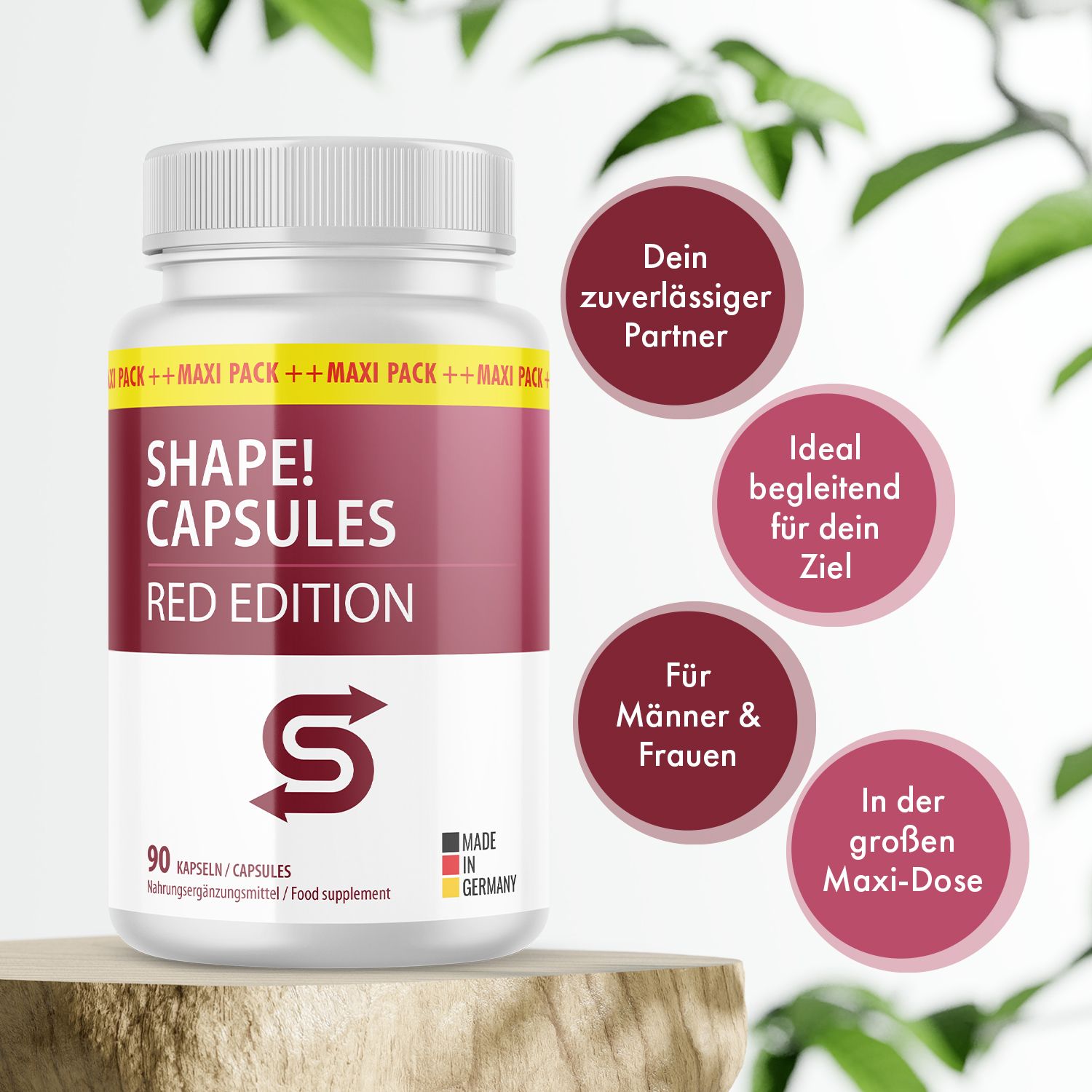 Weiße Flasche mit roten Etikett. Aufschrift: SHAPE! CAPSULES RED EDITION. 90 Kapseln. Made in Germany. Produkt auf Holzpodest.